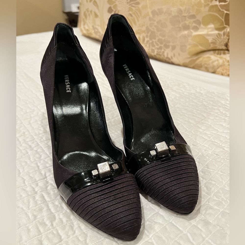 Black Satin Versace Pumps, Size 39.5